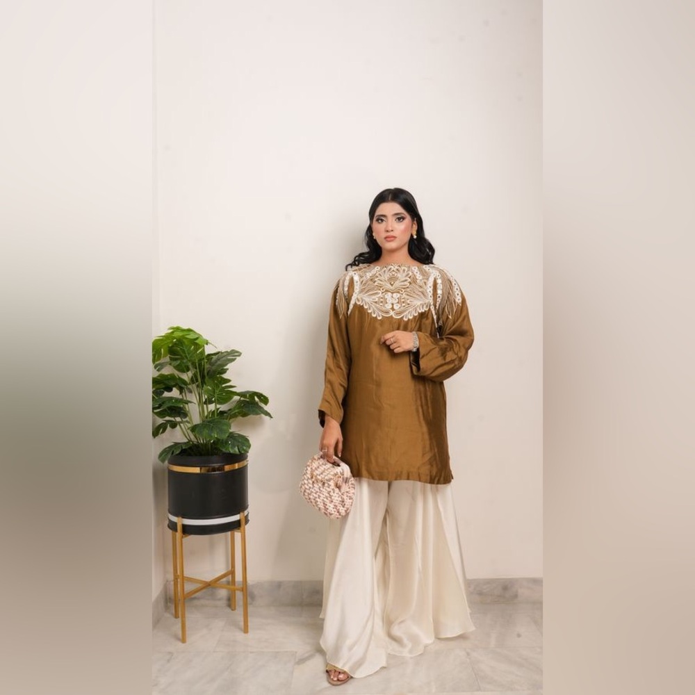Chic Women's Brown Tunic with White Detailing